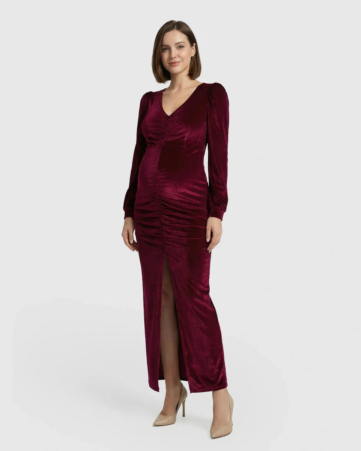 Bump Society – The Comfort Collection: Puffed Velvet Sleeves Bodycon Maternity Evening Gown