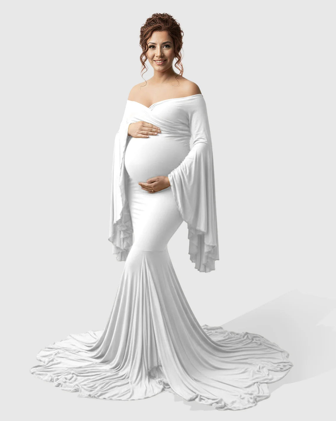 Bump Society – The Comfort Collection: Flared Sleeve Fishtail Train Maternity Photoshoot Dress