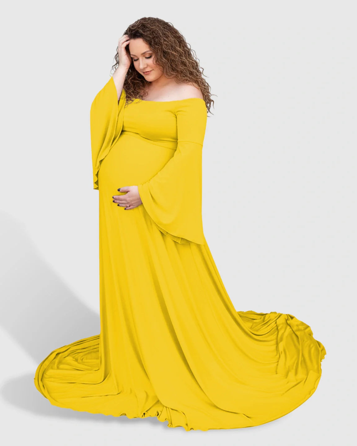 Bump Society – The Comfort Collection: Off-Shoulder Bell Sleeve Boho Maternity Photoshoot Maxi Dress