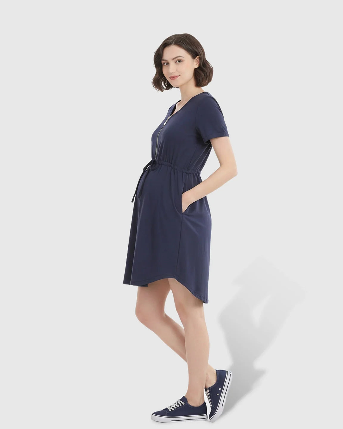 Bump Society – The Nursing Collection: Zip-Up Nursing Drawstring-Waist Maternity Mini Dress