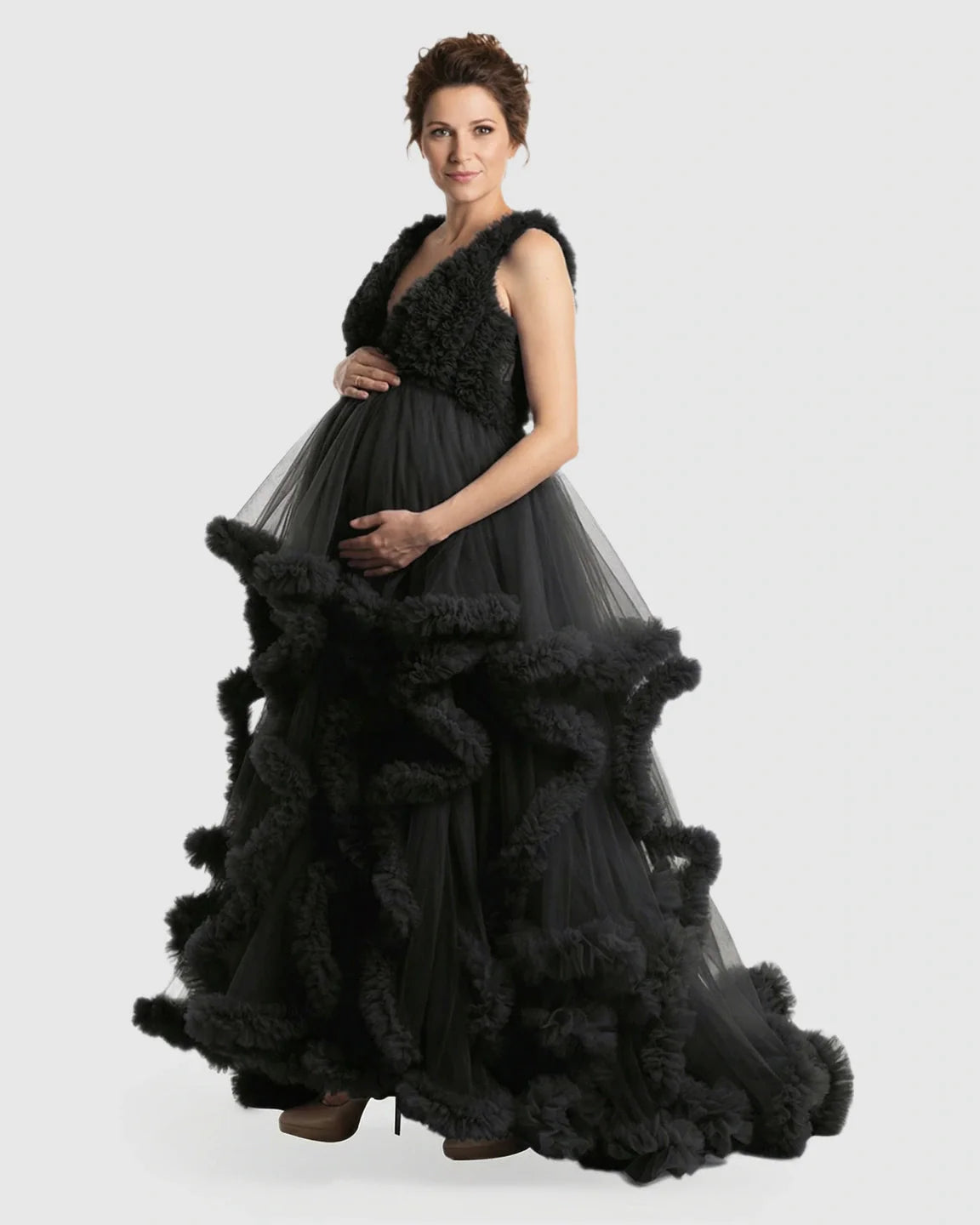 Bump Society – The Comfort Collection: Ruffled Bodice Multi-Layer Mesh Pleats Maternity Gown