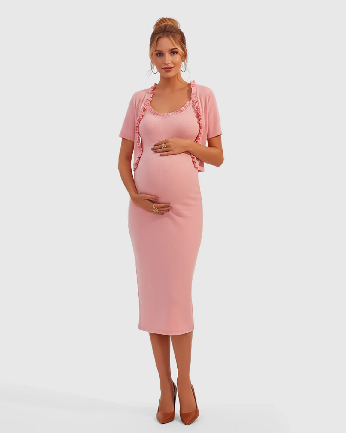 Bump Society – The Comfort Collection: Ruffle Neck Bodycon Maternity Midi Dress Set