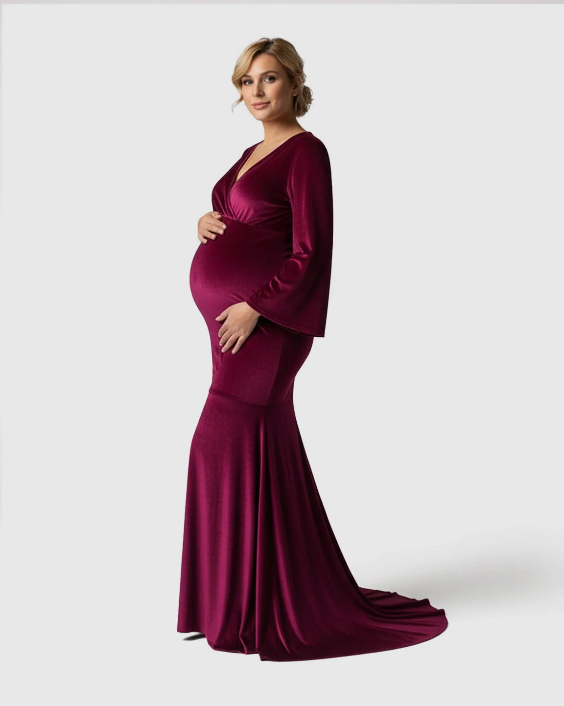 Bump Society – The Comfort Collection: Long-Sleeve Mermaid Train Maternity Photoshoot Gown