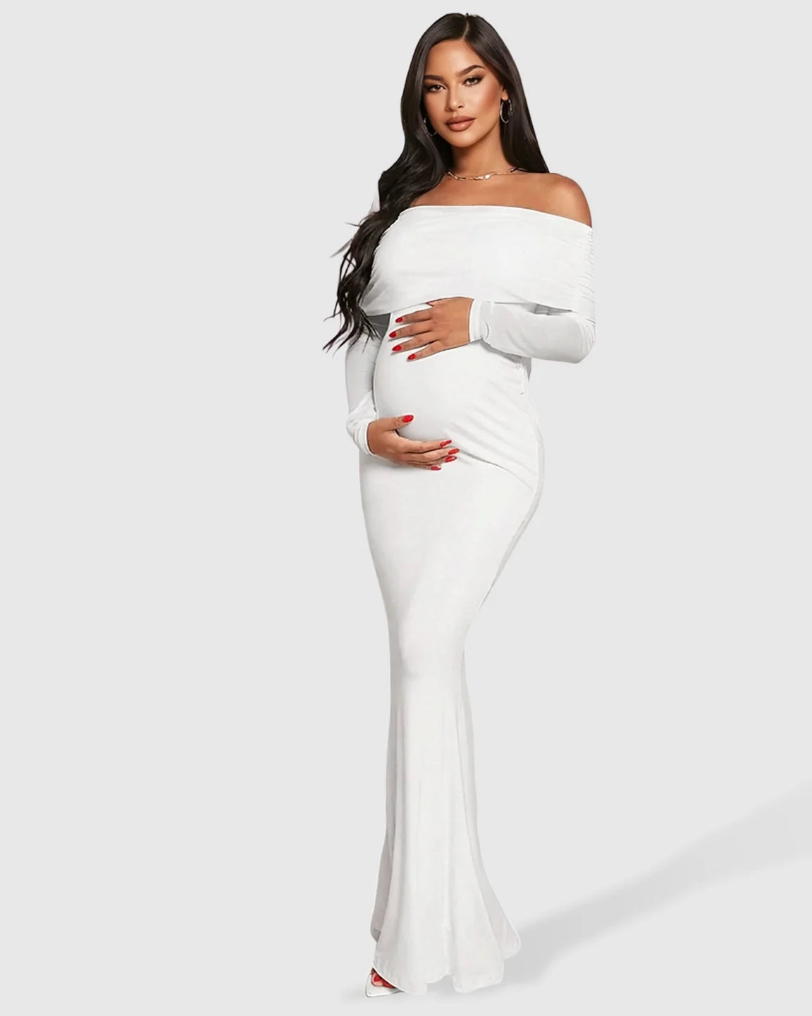 White draped neck mermaid fit maternity maxi dress with off-shoulder sleeves, hugging a pregnant woman's bump.