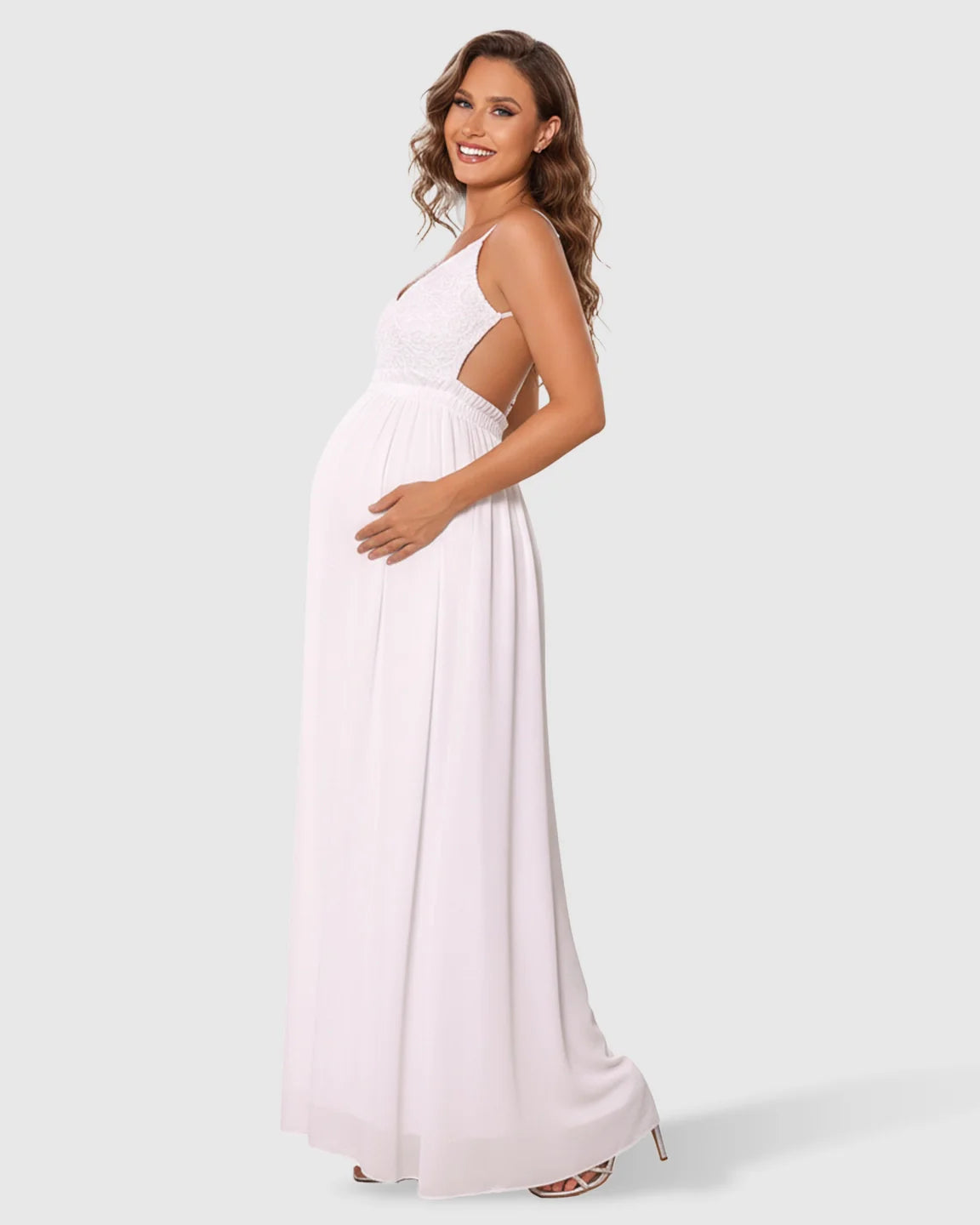 Bump Society – The Comfort Collection: Deep V-Neck Lace Bodice Stylish Maternity Photoshoot Dress