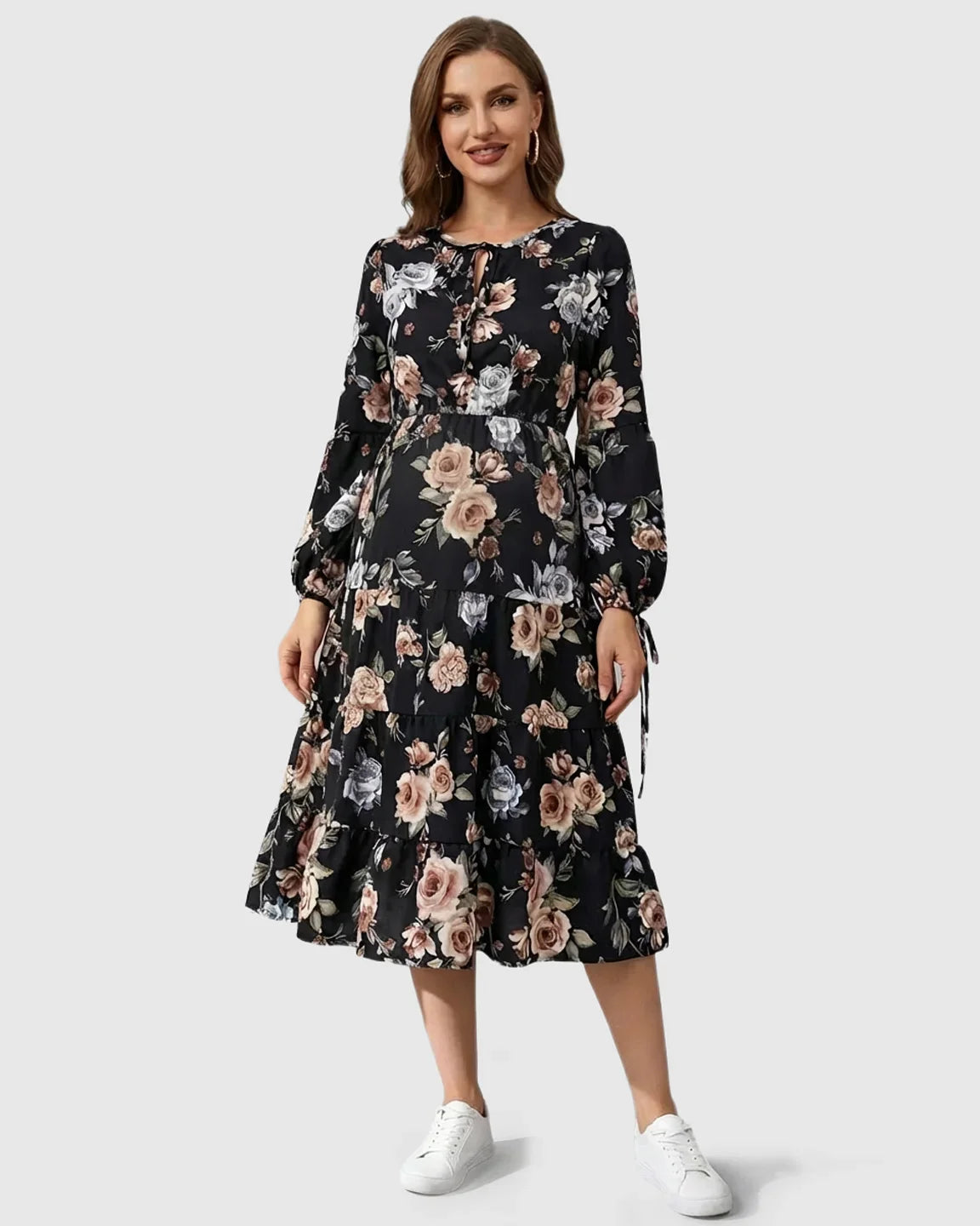 Bump Society – The Comfort Collection: Floral Tiered Hem Boho Maternity Midi Dress
