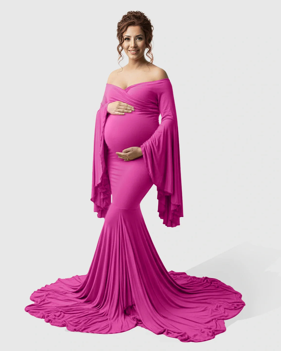 Bump Society – The Comfort Collection: Flared Sleeve Fishtail Train Maternity Photoshoot Dress