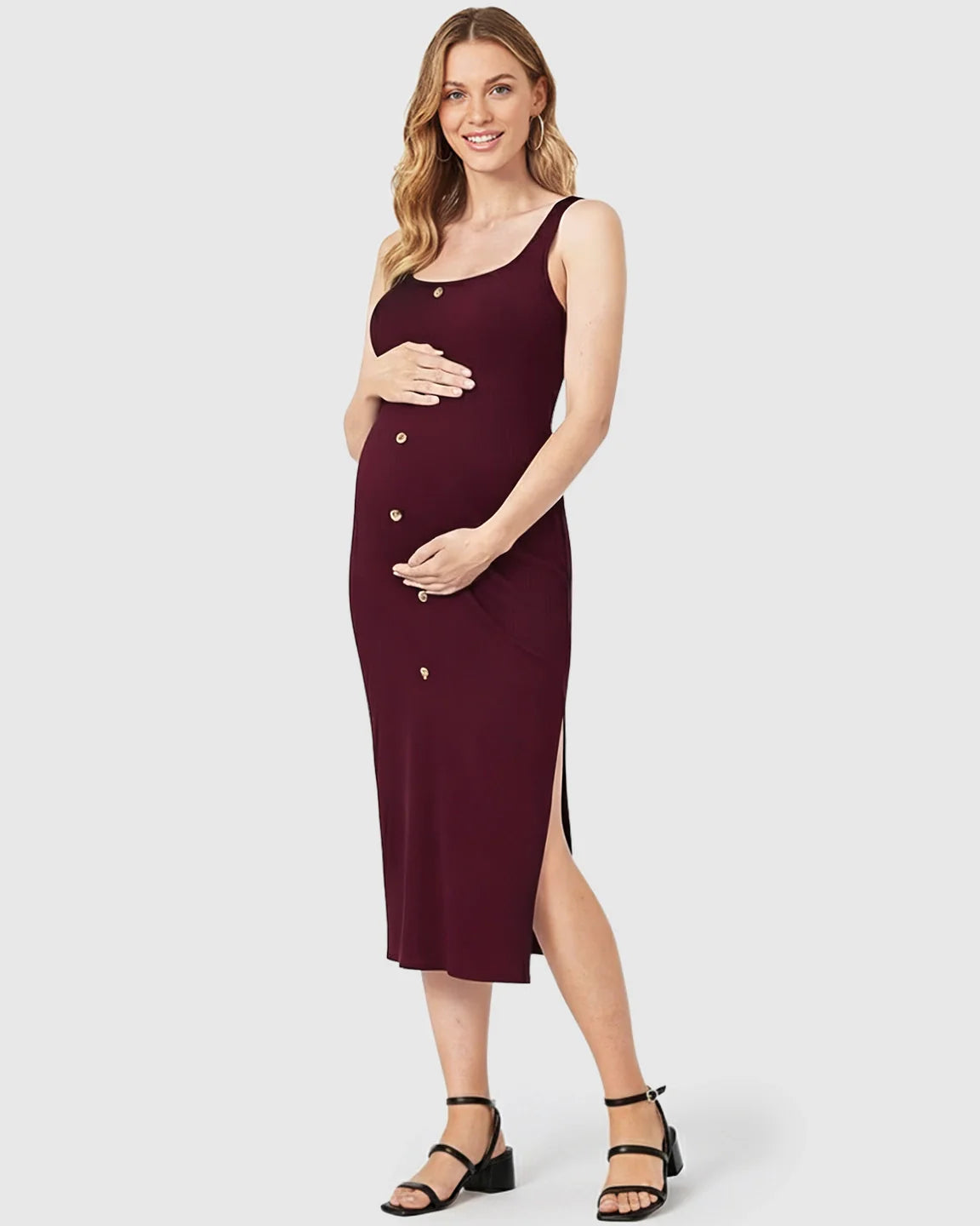 Bump Society – The Comfort Collection: Button-Front Bodycon Maternity Midi Dress