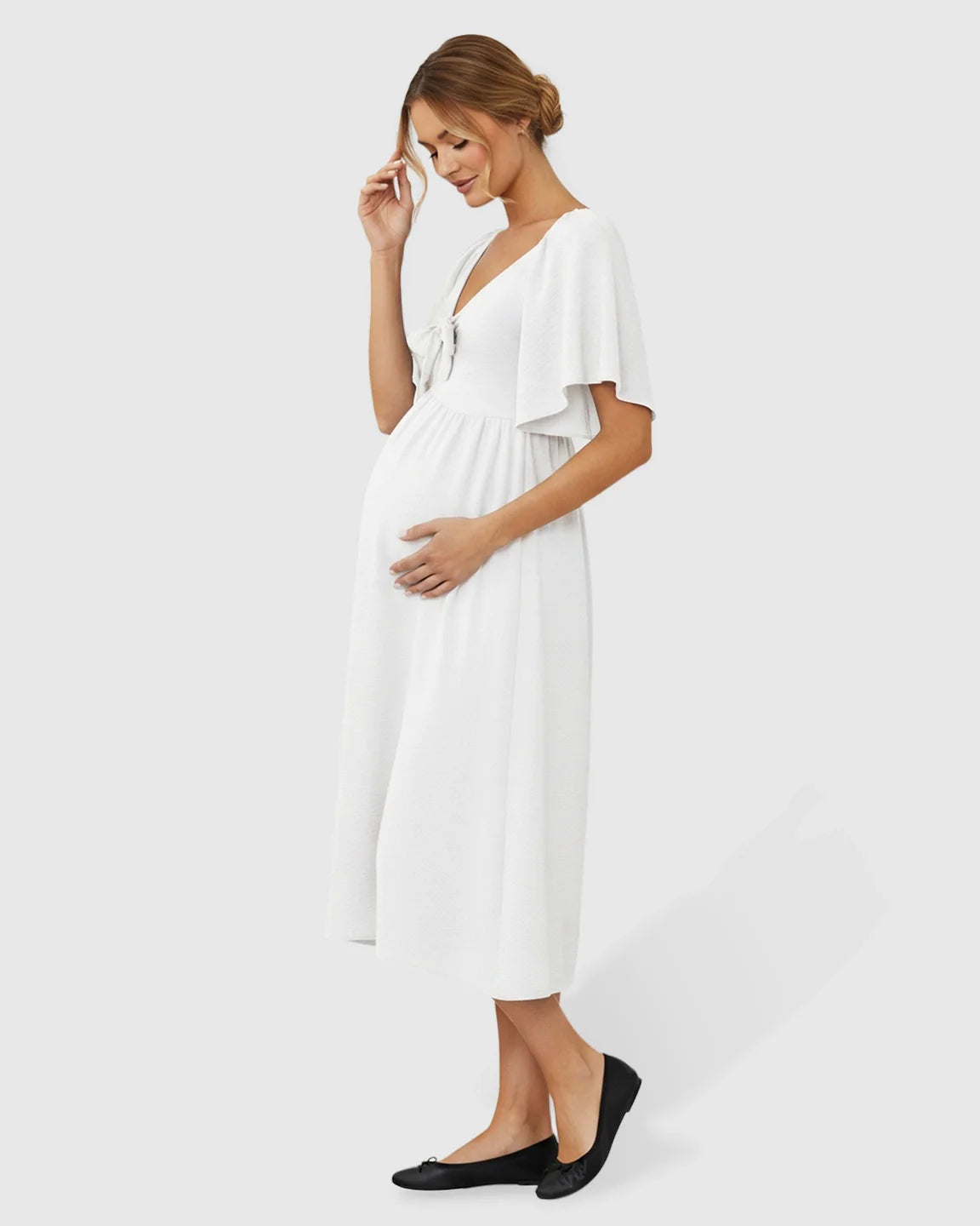 Bump Society – The Comfort Collection: Tie-Knot Front Swing Silhouette Maternity Midi Dress