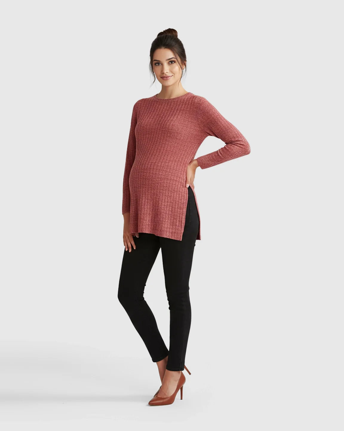 Bump Society – The Comfort Collection: Ribbed Knit Side-Slit Long Sleeve Maternity Top