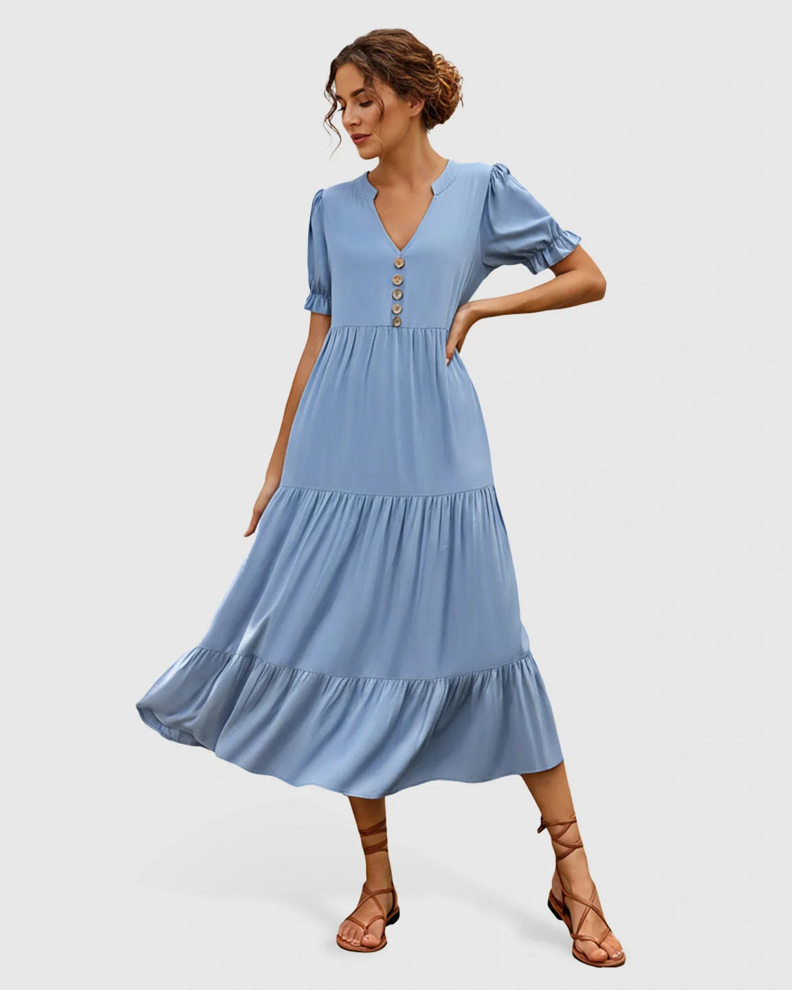 Bump Society – The Comfort Collection: Stand Up Collar Tiered Skirt Maternity Midi Dress