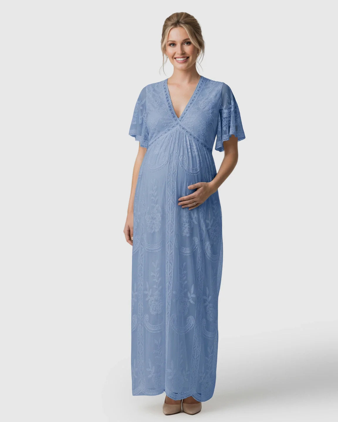 Bump Society – The Comfort Collection: Sheer-Lace Romantic Maternity Maxi Dress