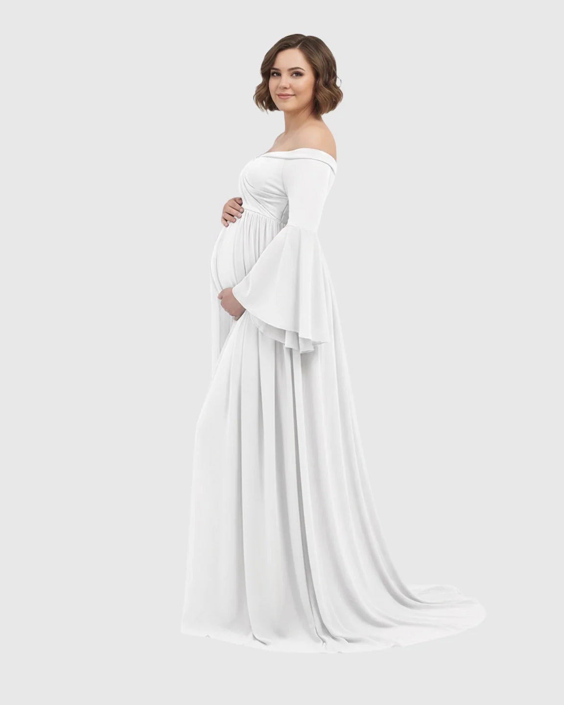 White off-shoulder maternity gown with bell sleeves and a long train, worn by a pregnant woman.