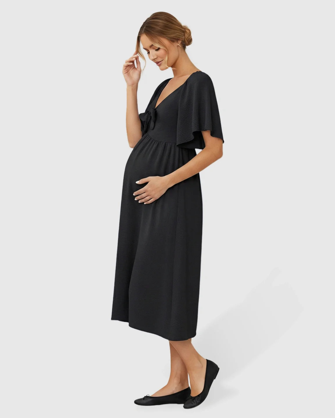 Bump Society – The Comfort Collection: Tie-Knot Front Swing Silhouette Maternity Midi Dress