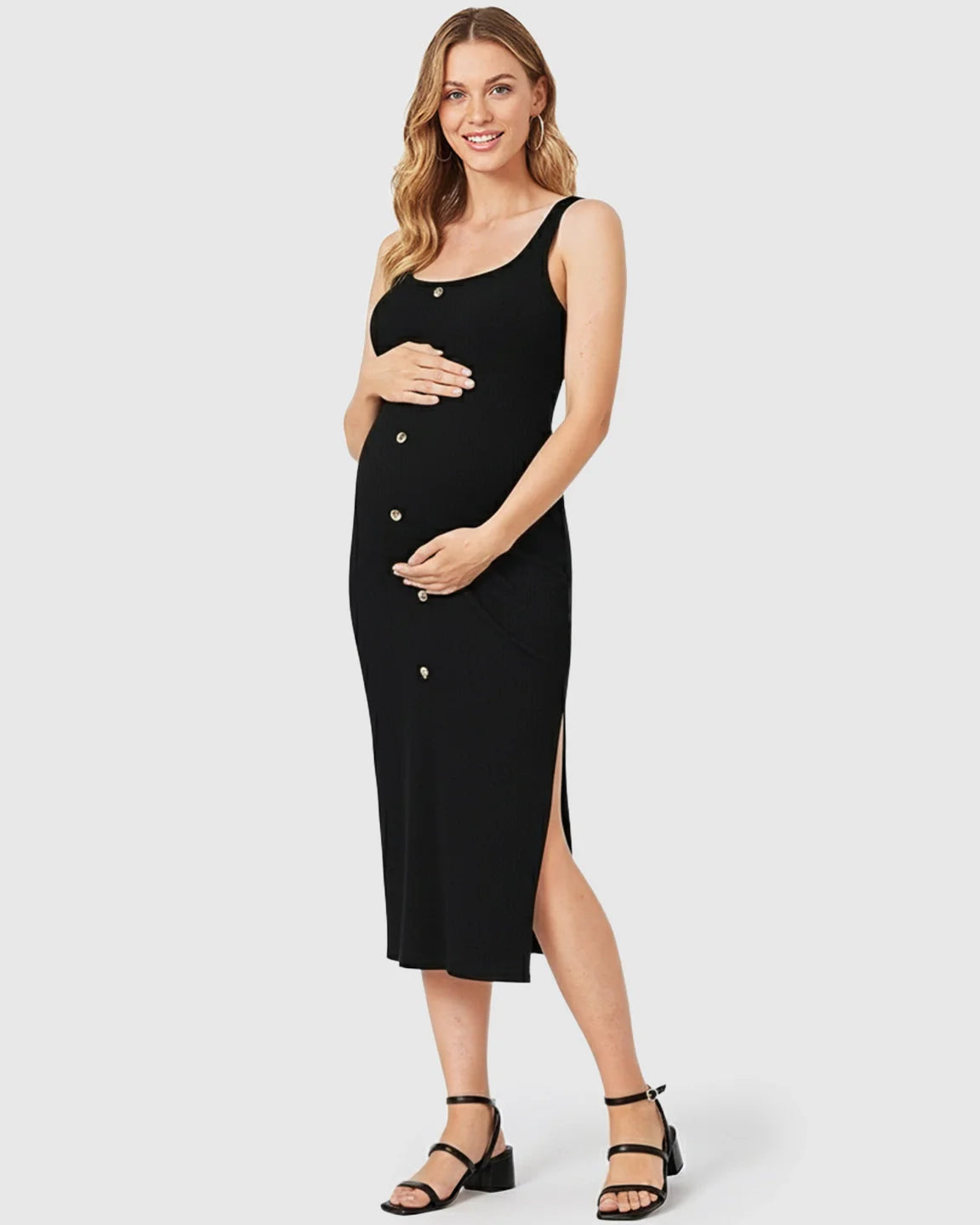 Bump Society – The Comfort Collection: Button-Front Bodycon Maternity Midi Dress