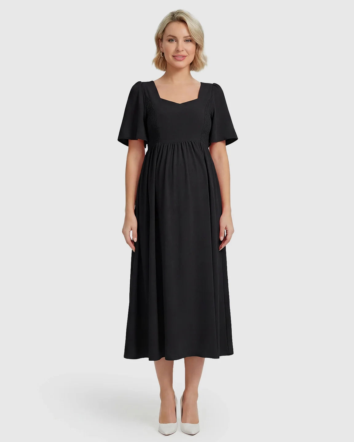 Bump Society – The Comfort Collection: Shirred Ruffle Sleeve Swing Maternity Midi Dress