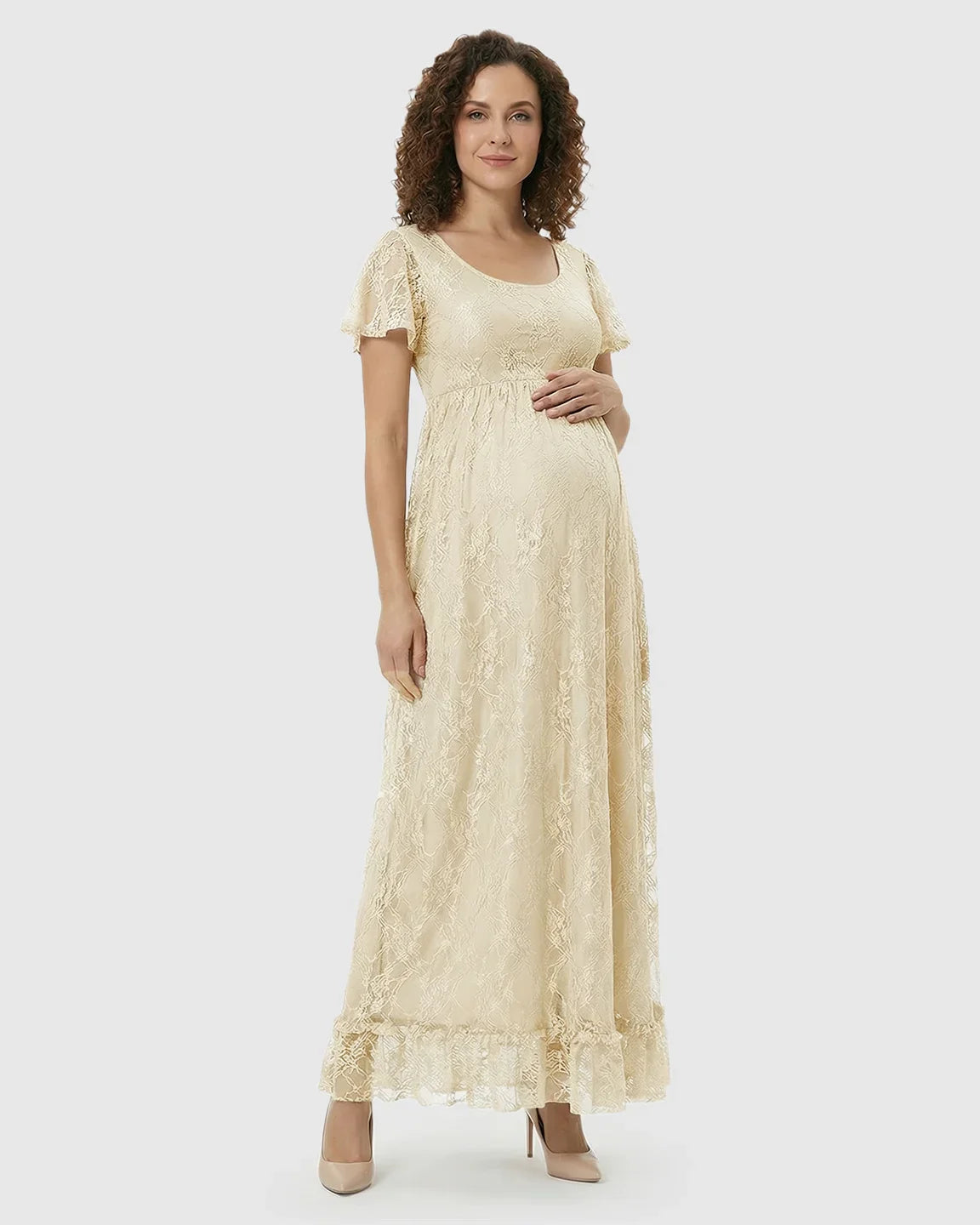 Bump Society – The Comfort Collection: Ruffled Hem Floral Lace Maternity Photoshoot Dress