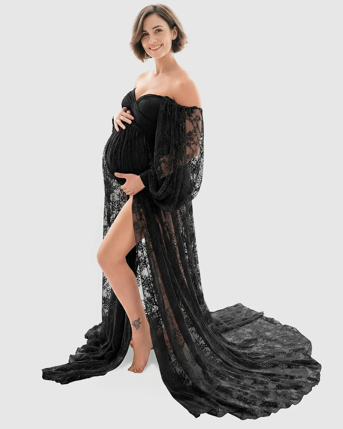 Bump Society – The Comfort Collection: Sheer Lace Flowy Maternity Photoshoot Gown