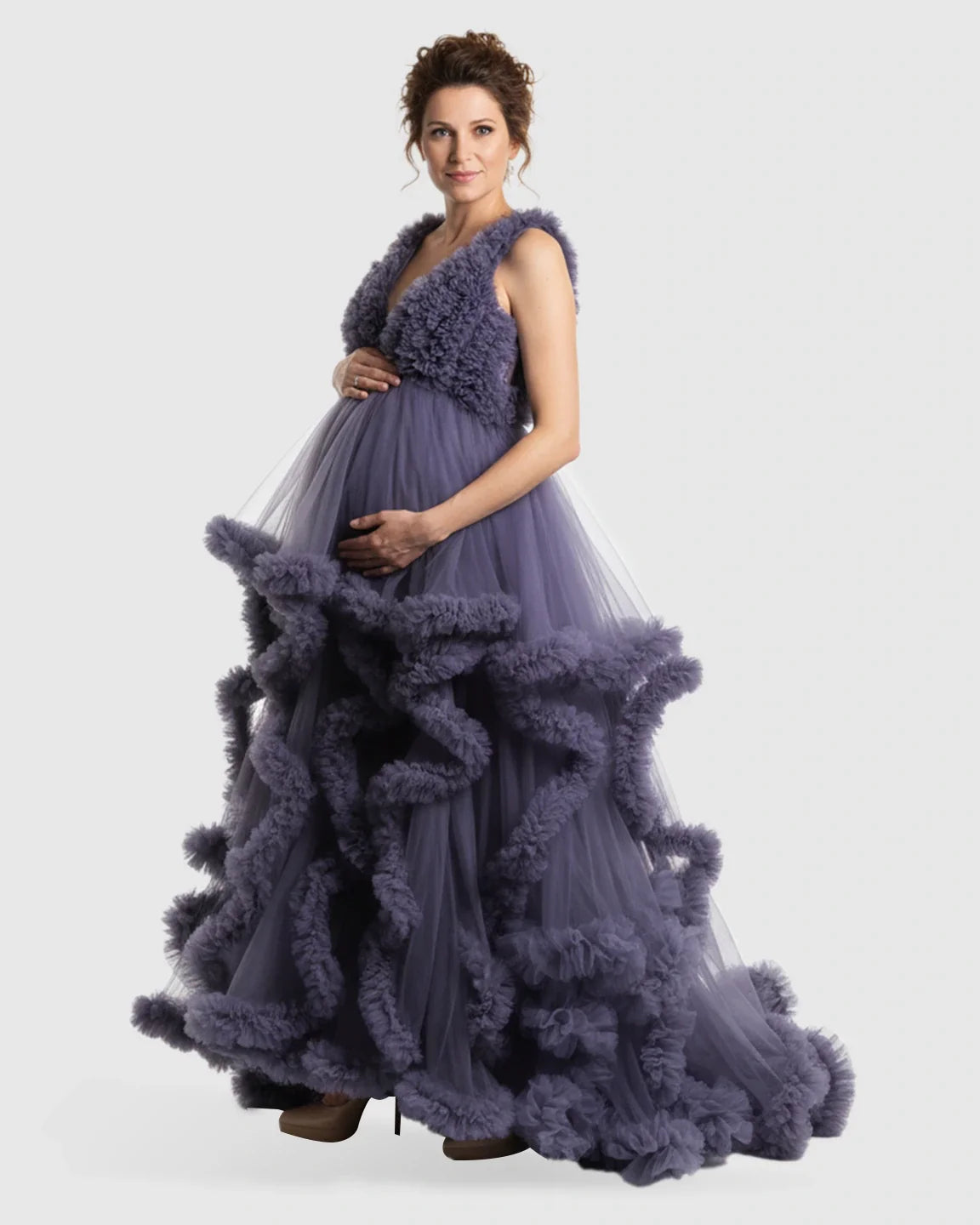 Bump Society – The Comfort Collection: Ruffled Bodice Multi-Layer Mesh Pleats Maternity Gown