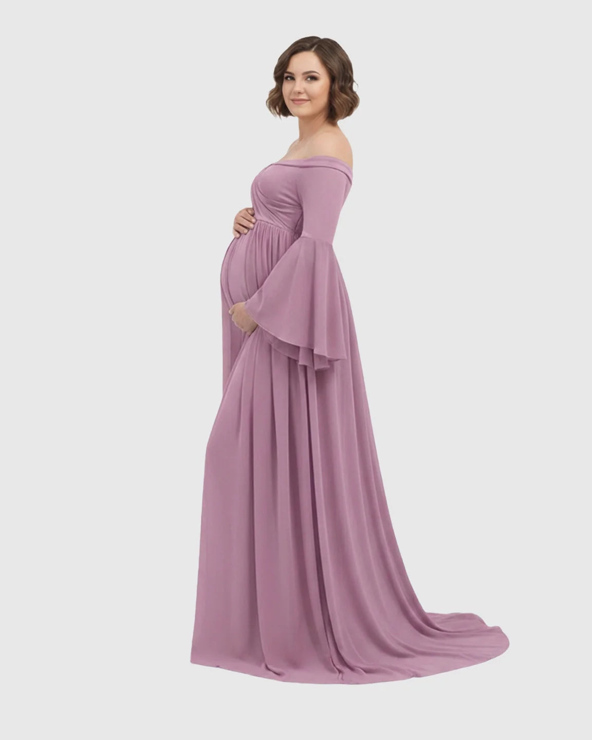 Mauve off-shoulder maternity gown with bell sleeves and a long train, worn by a smiling pregnant woman.