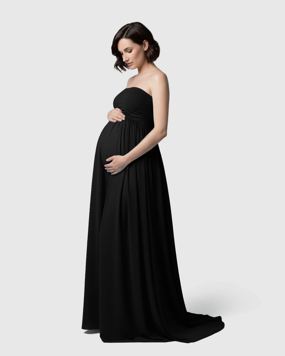 Bump Society – The Comfort Collection: Strapless Ruched Front Slit Maternity Photoshoot Dress