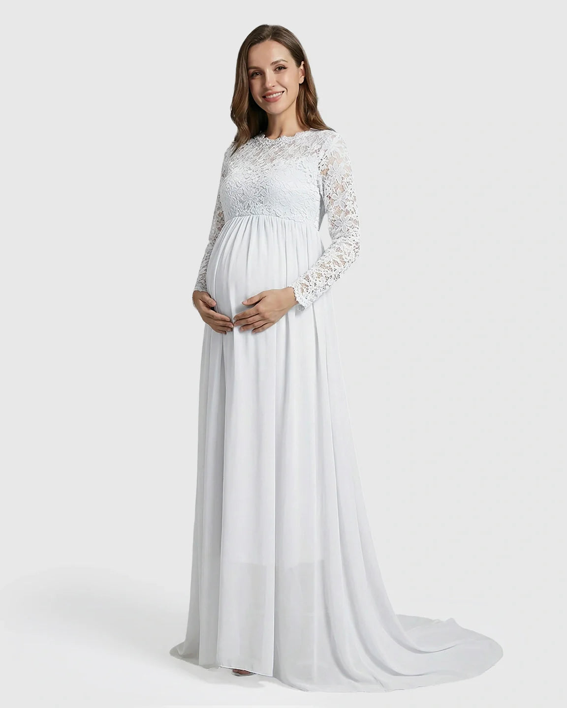 Bump Society – The Comfort Collection: Lace Bodice Trailing Skirt Maternity Photoshoot Gown