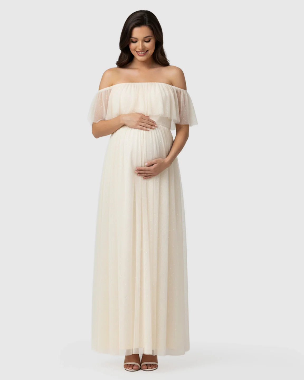 Bump Society – The Comfort Collection: Off-Shoulder Ruffled Mesh Maternity Maxi Dress
