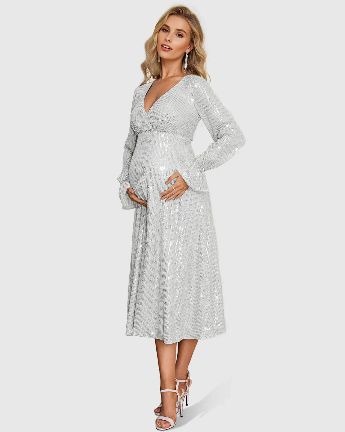 Bump Society – The Comfort Collection: Fully Sequined Empire-Waist Maternity Midi Dress