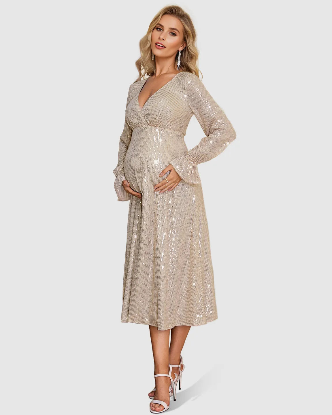 Bump Society – The Comfort Collection: Fully Sequined Empire-Waist Maternity Midi Dress