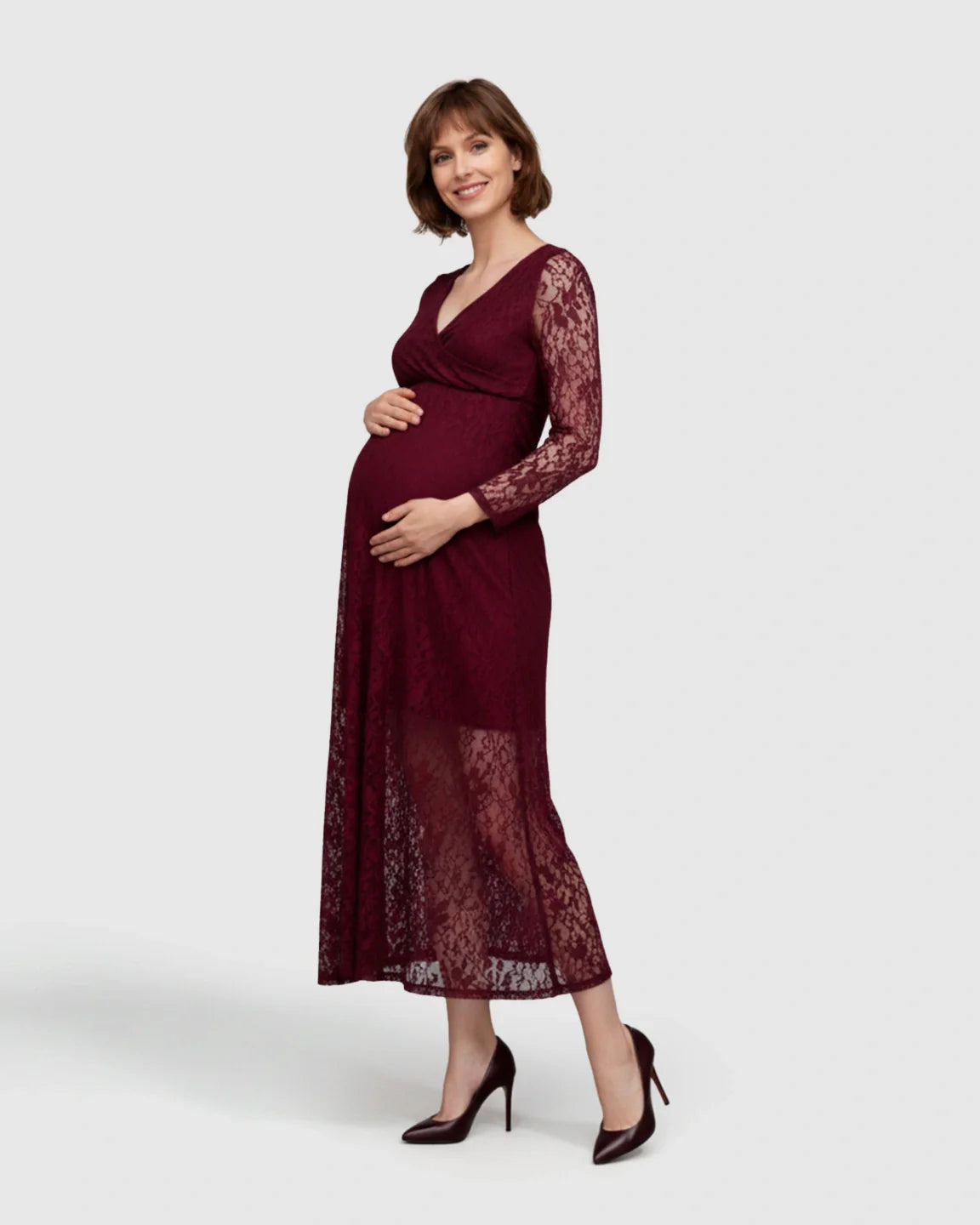 Bump Society – The Comfort Collection: Sheer Lace Long Sleeve Maternity Midi Dress