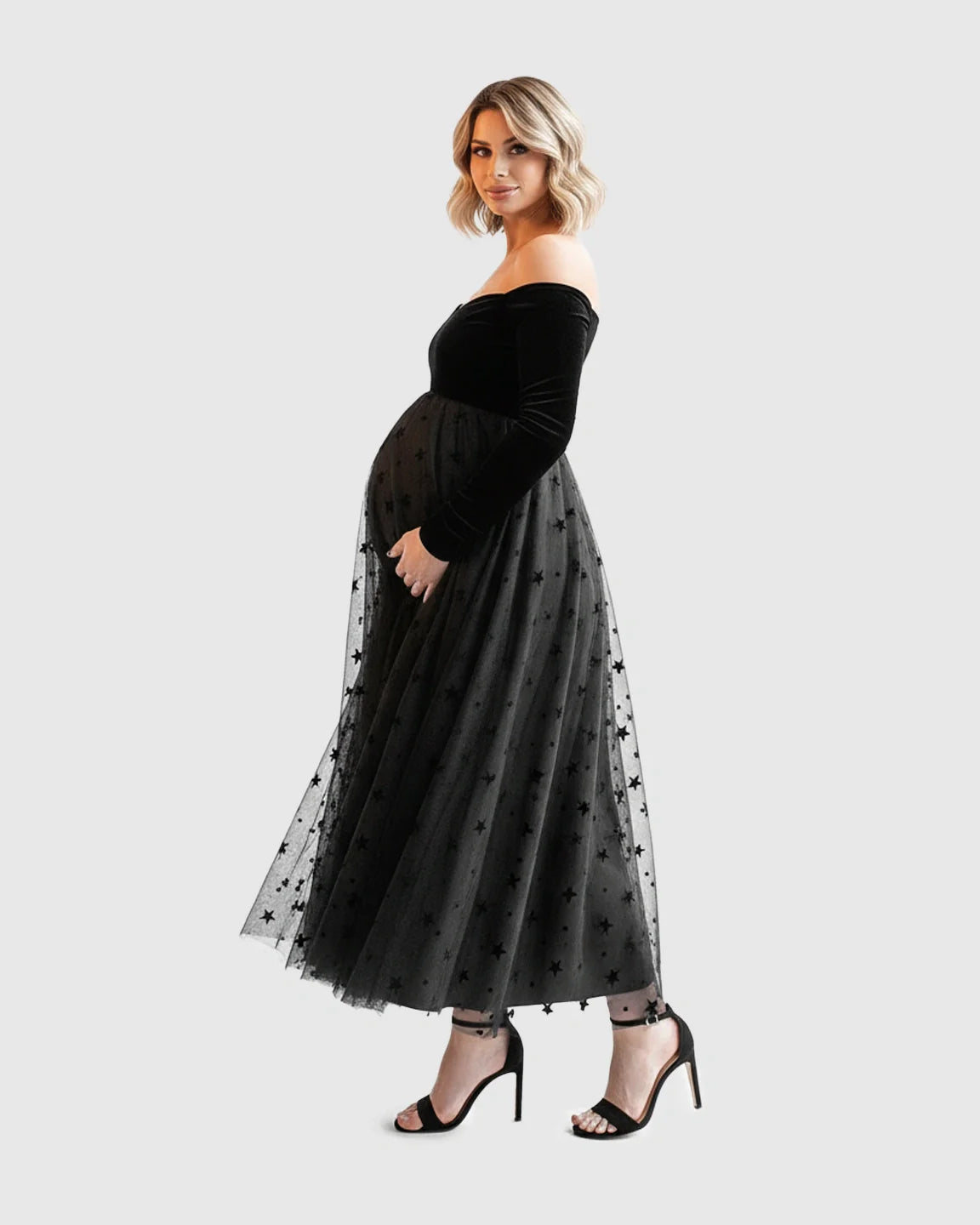 Bump Society – The Comfort Collection: Off Shoulder Star Mesh Maternity Midi Dress