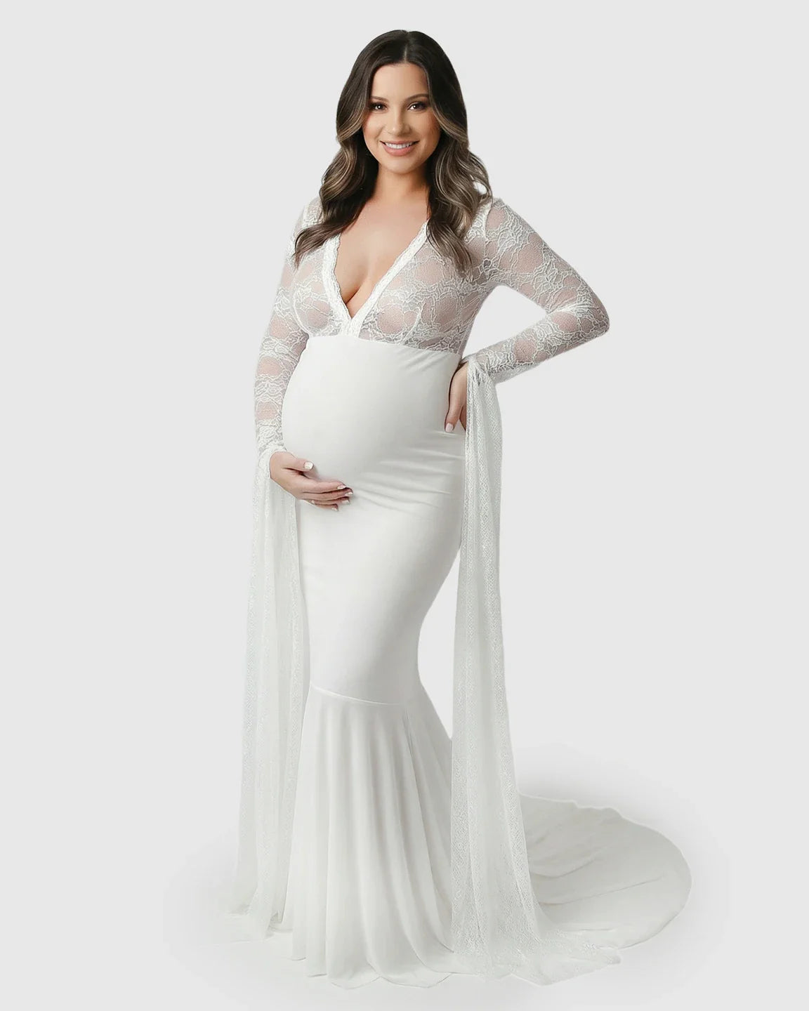 Bump Society – The Comfort Collection: Lace Deep-V Floor-Length Maternity Gown