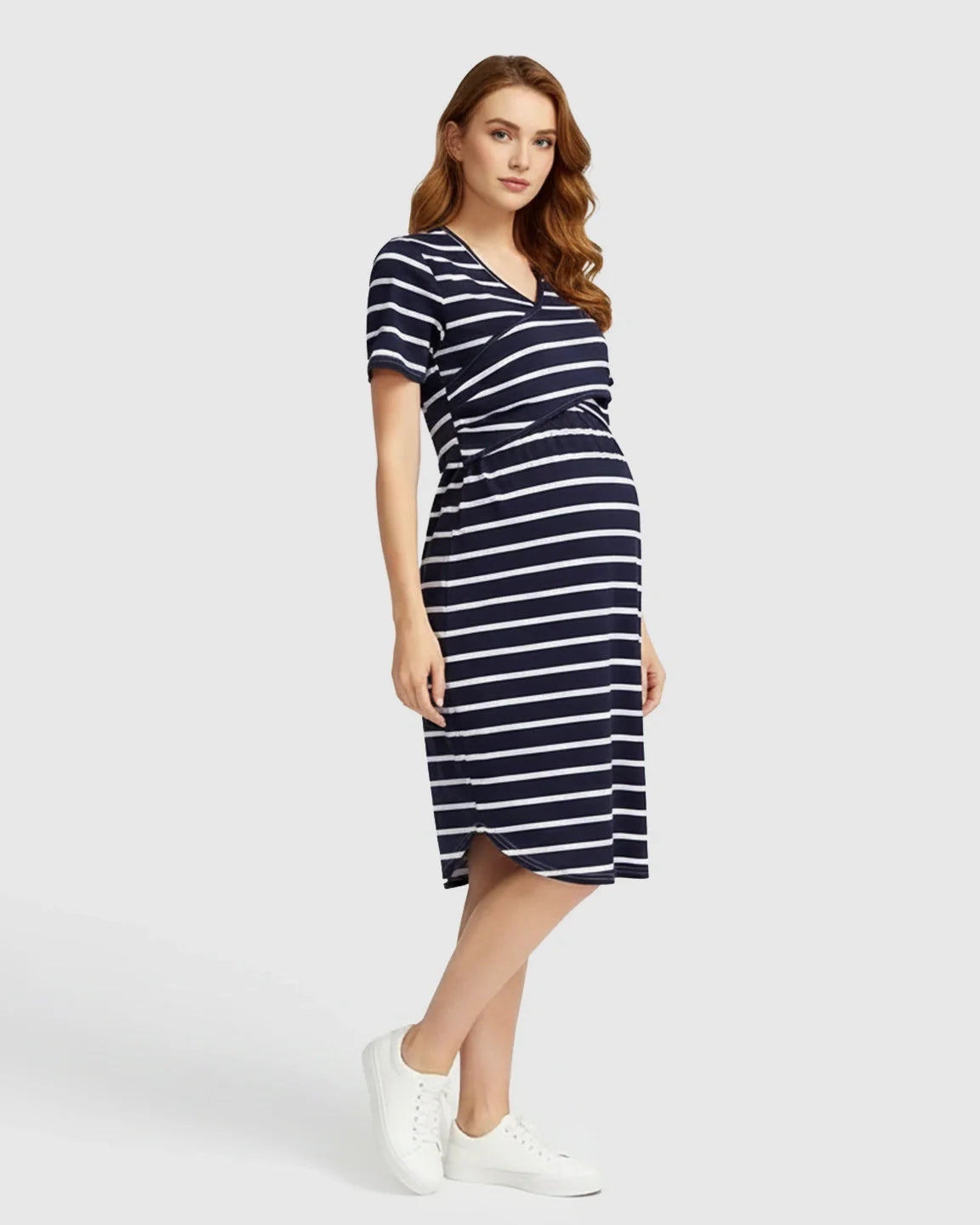 Bump Society – The Nursing Collection: Striped Crossover Fitted Nursing Maternity Midi Dress