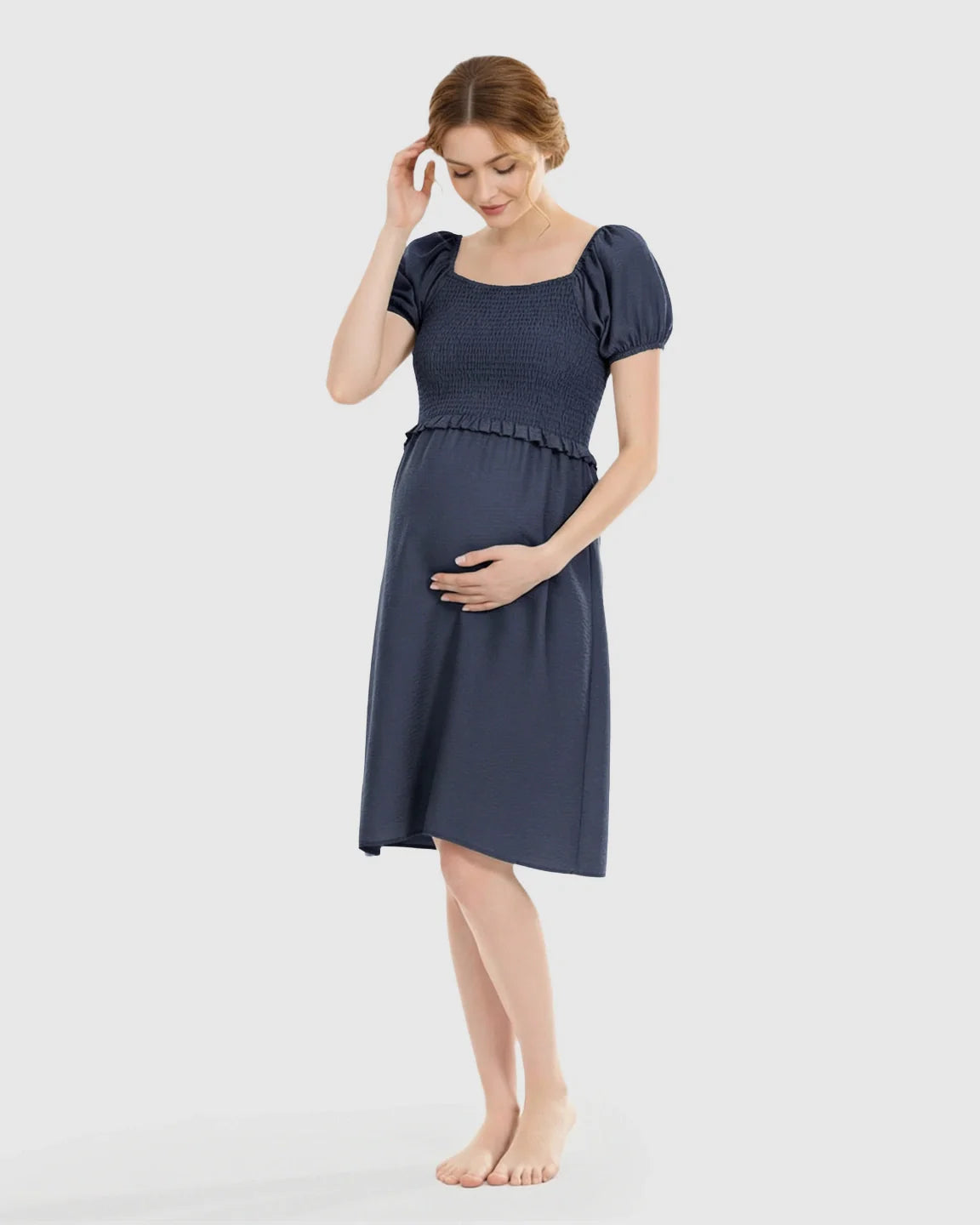 Bump Society – The Nursing Collection: Puff-Sleeve Flowy Maternity & Nursing Midi Dress