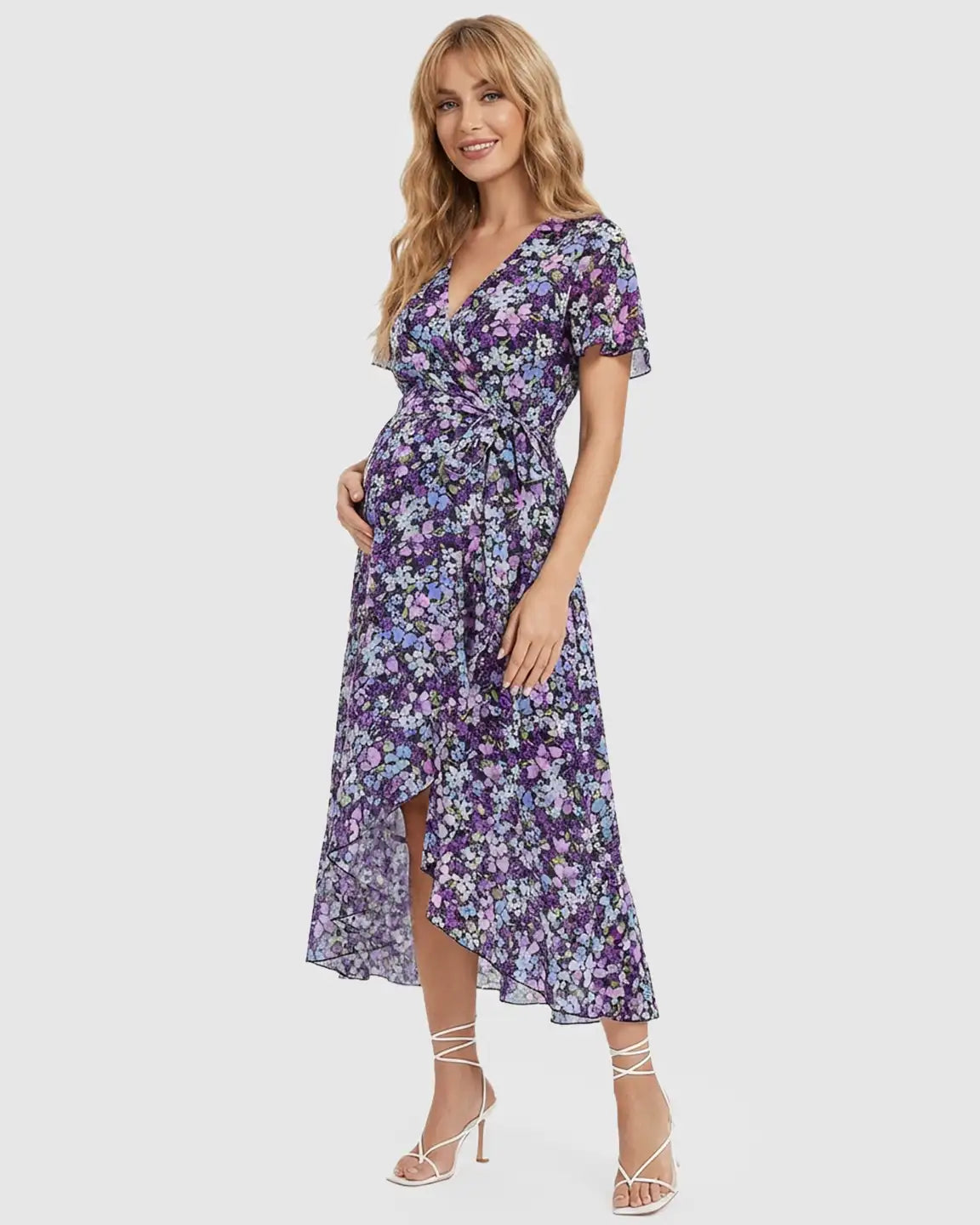 Maternity midi dress: purple floral V-neck, ruffled hem, short sleeves, and tie waist.