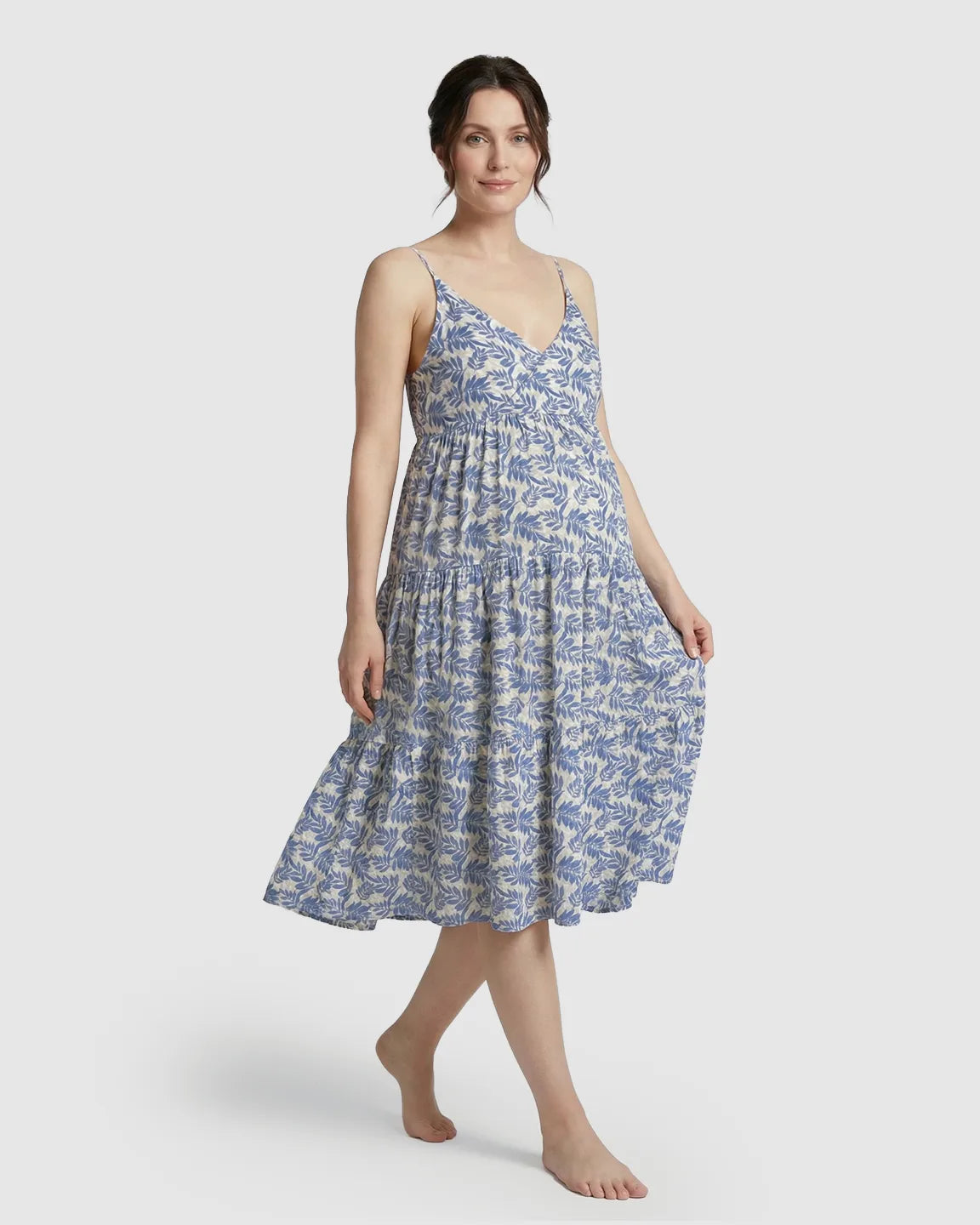 Bump Society – The Comfort Collection: Adjustable-Strap Blue Leaves Print Maternity Nightdress