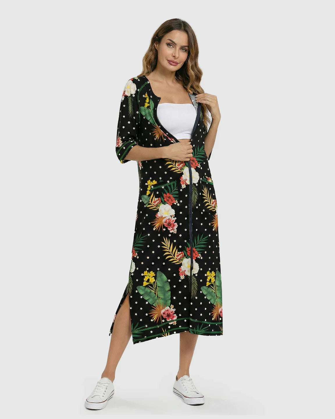 Bump Society – The Nursing Collection: Zip Front Tropical Print Maternity Nursing Lounge Dress