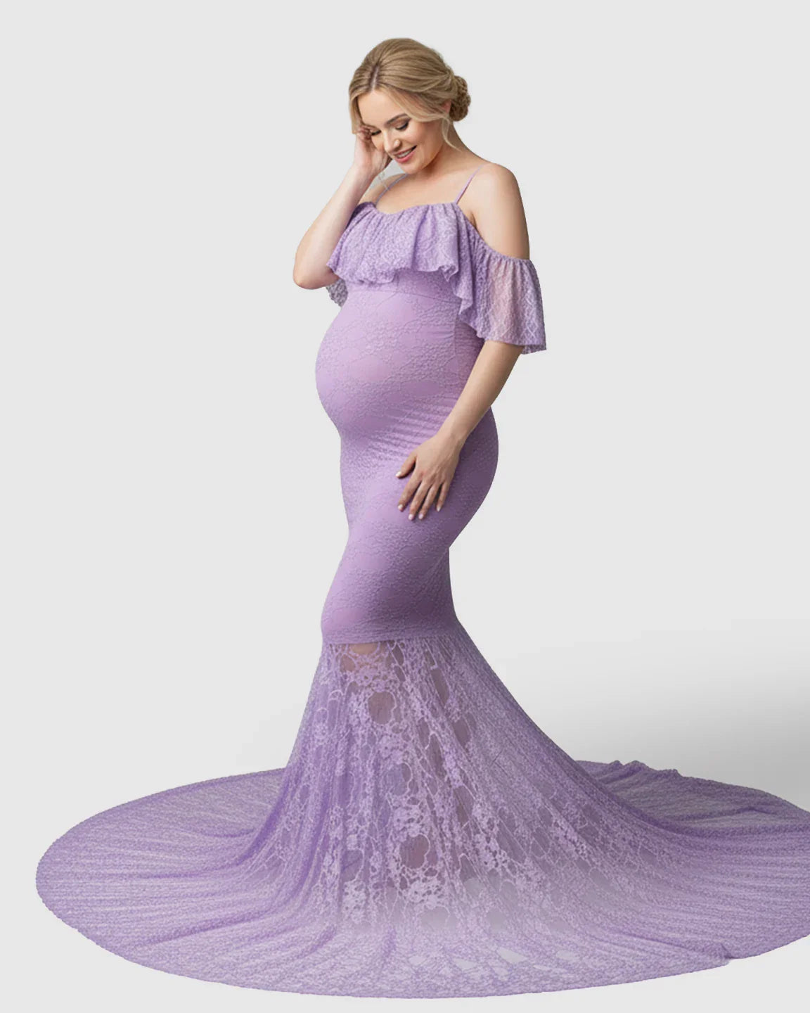 Bump Society – The Comfort Collection: Off-Shoulder Lace Mermaid Maternity Gown