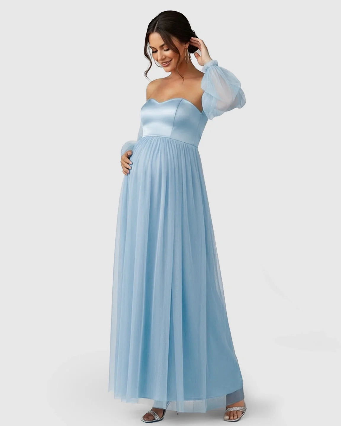 Bump Society – The Comfort Collection: Off-Shoulder Mesh-Sleeve Maternity Gown