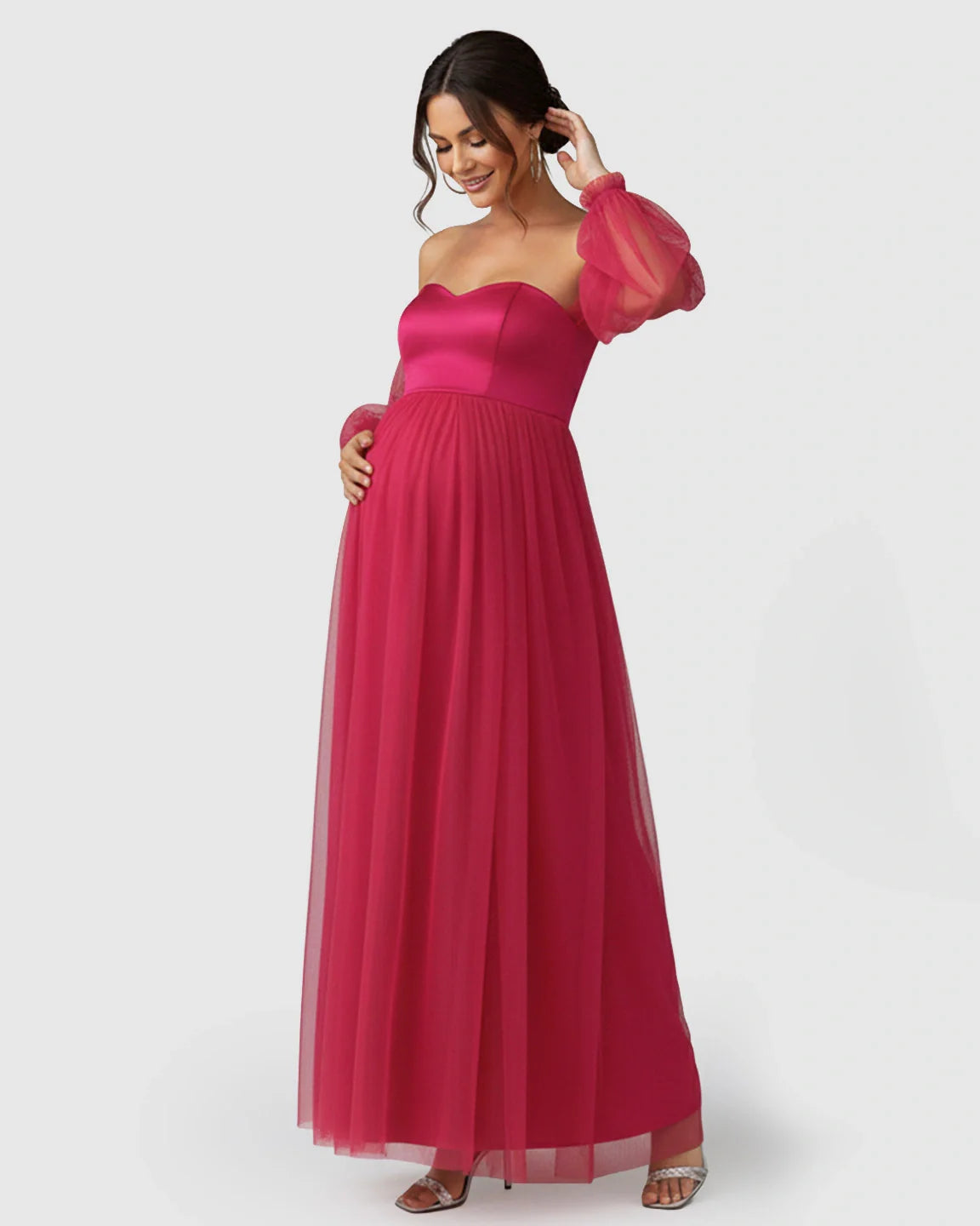 Bump Society – The Comfort Collection: Off-Shoulder Mesh-Sleeve Maternity Gown