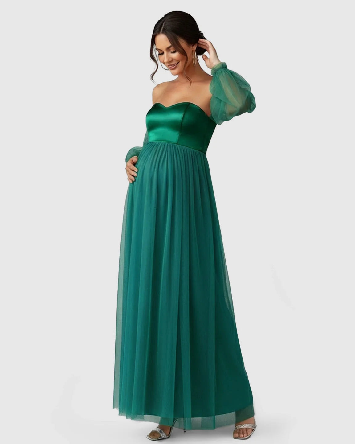 Bump Society – The Comfort Collection: Off-Shoulder Mesh-Sleeve Maternity Gown
