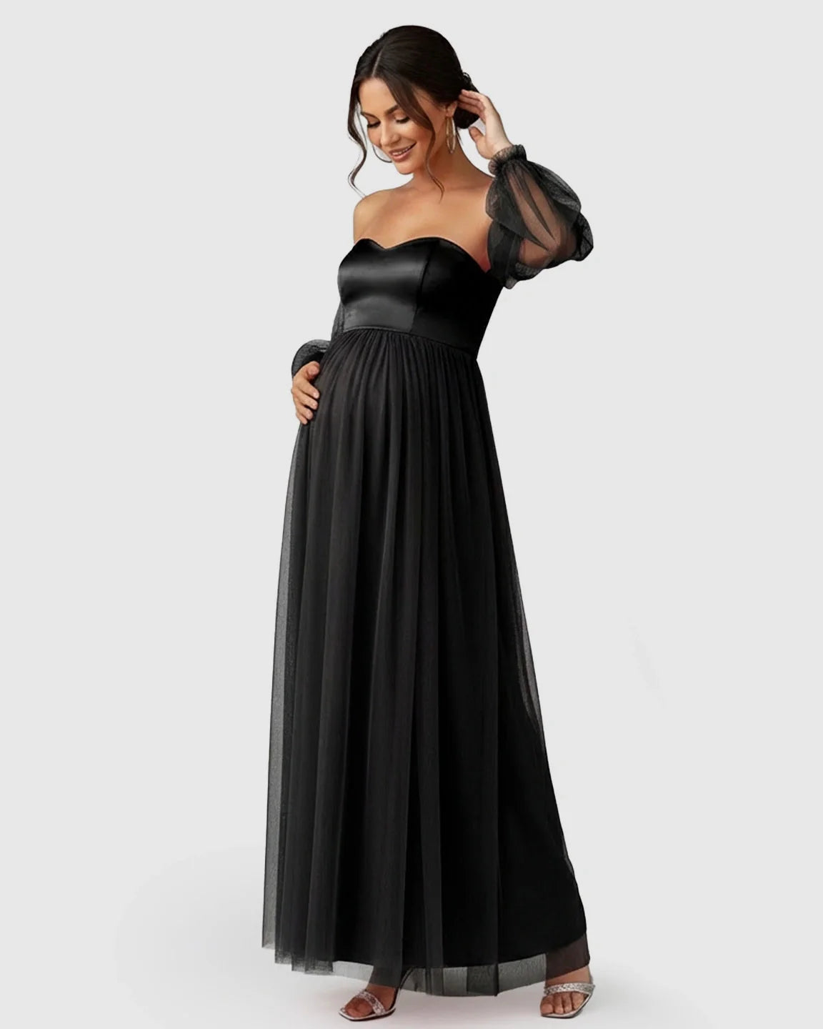 Bump Society – The Comfort Collection: Off-Shoulder Mesh-Sleeve Maternity Gown