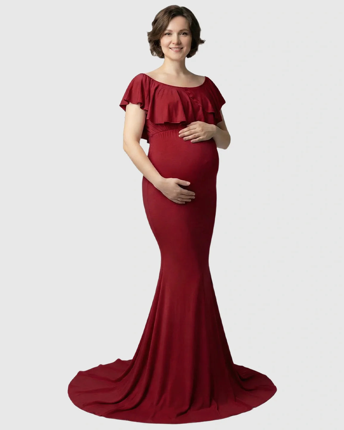 Bump Society – The Comfort Collection: Ruffle-Off Shoulder Trailing Maternity Gown