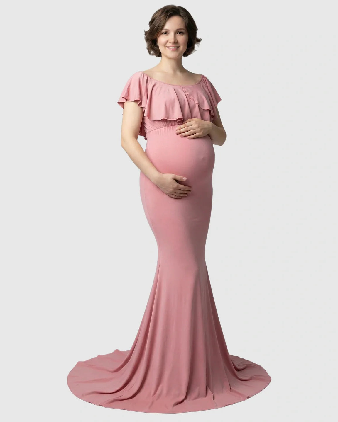 Bump Society – The Comfort Collection: Ruffle-Off Shoulder Trailing Maternity Gown