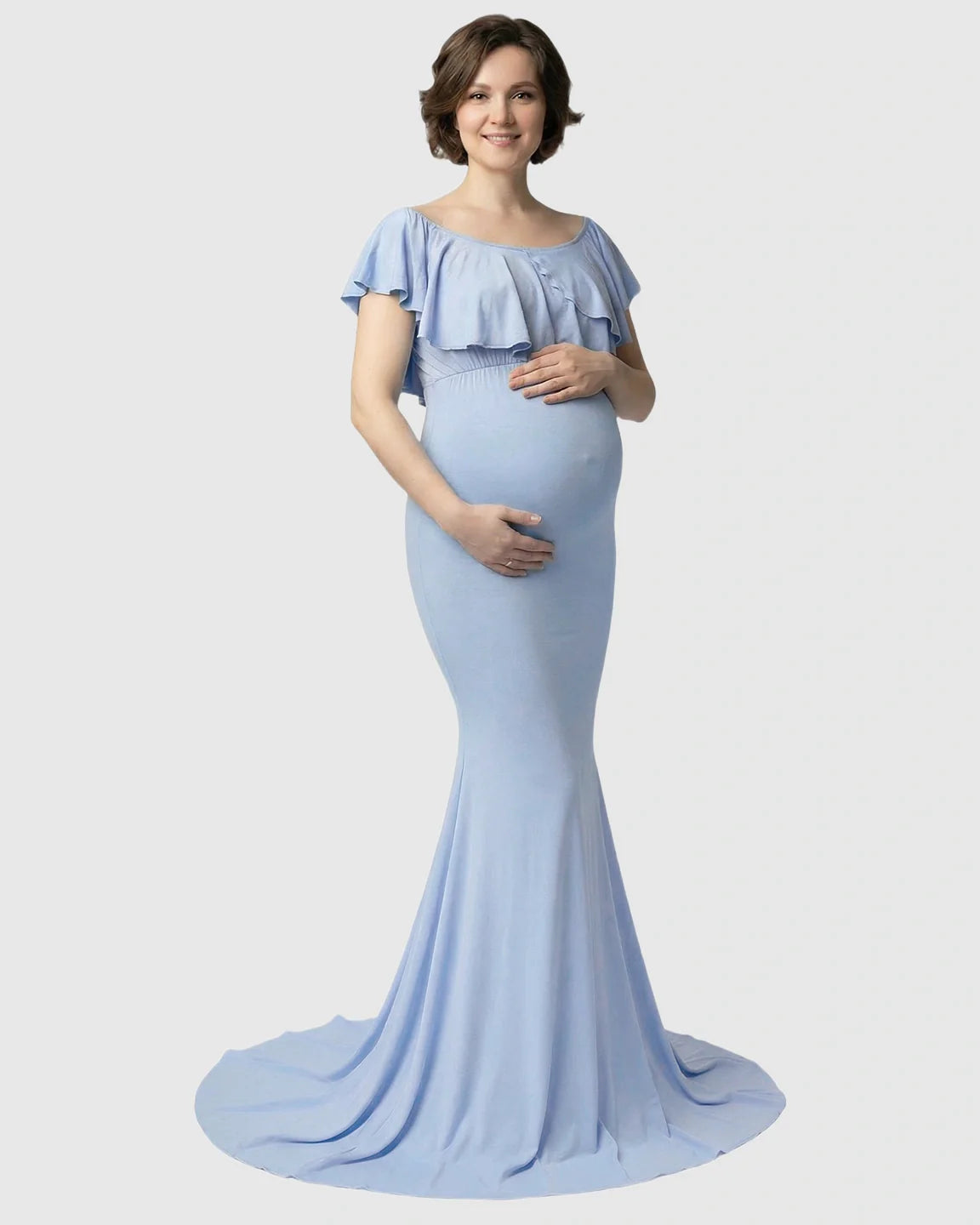 Bump Society – The Comfort Collection: Ruffle-Off Shoulder Trailing Maternity Gown