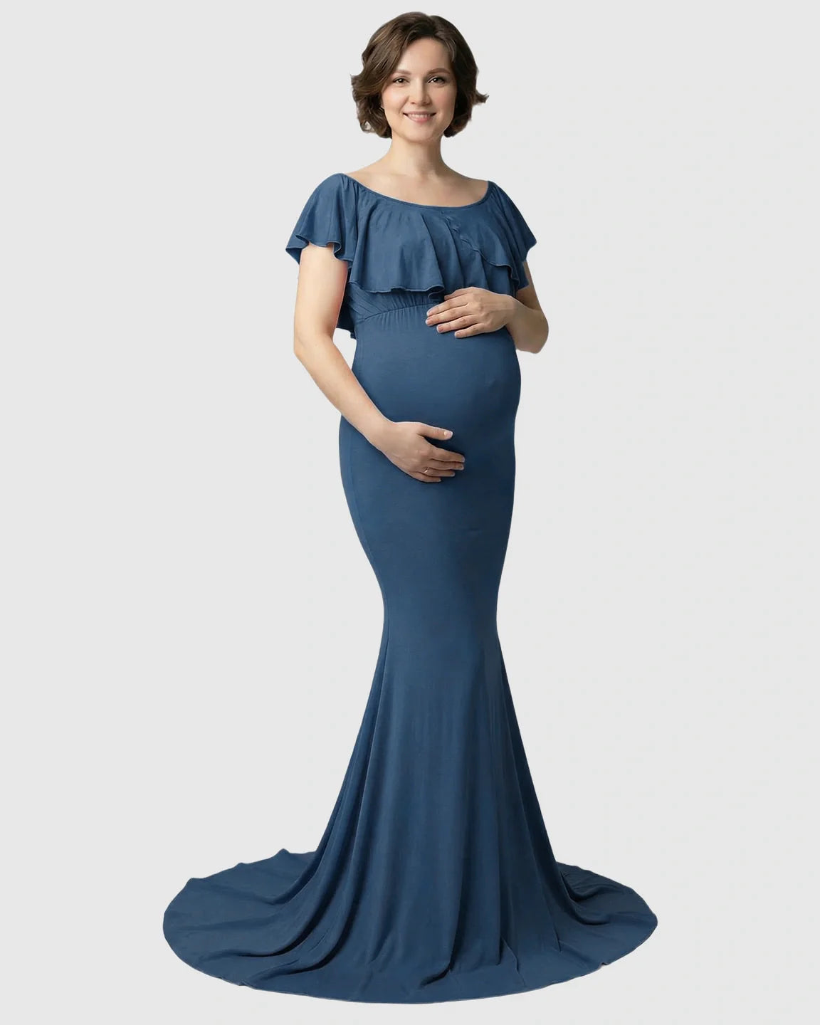 Bump Society – The Comfort Collection: Ruffle-Off Shoulder Trailing Maternity Gown