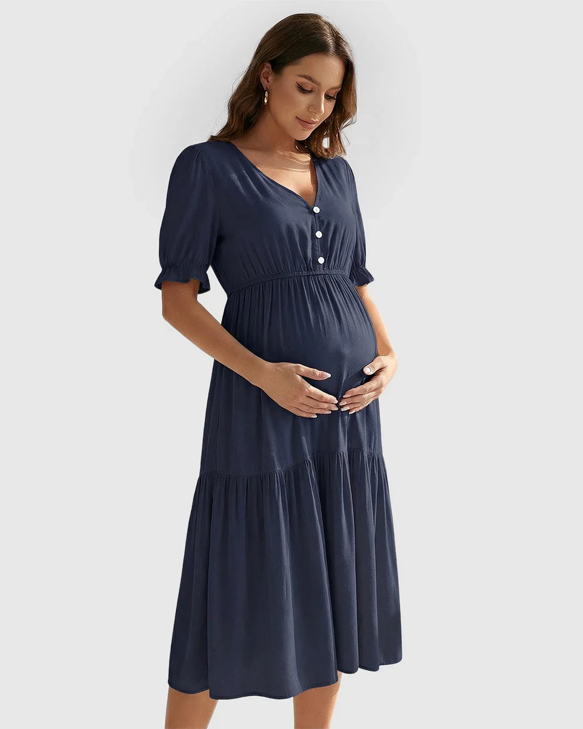 Bump Society – The Comfort Collection: V Neck Puff Sleeve Maternity Midi Dress