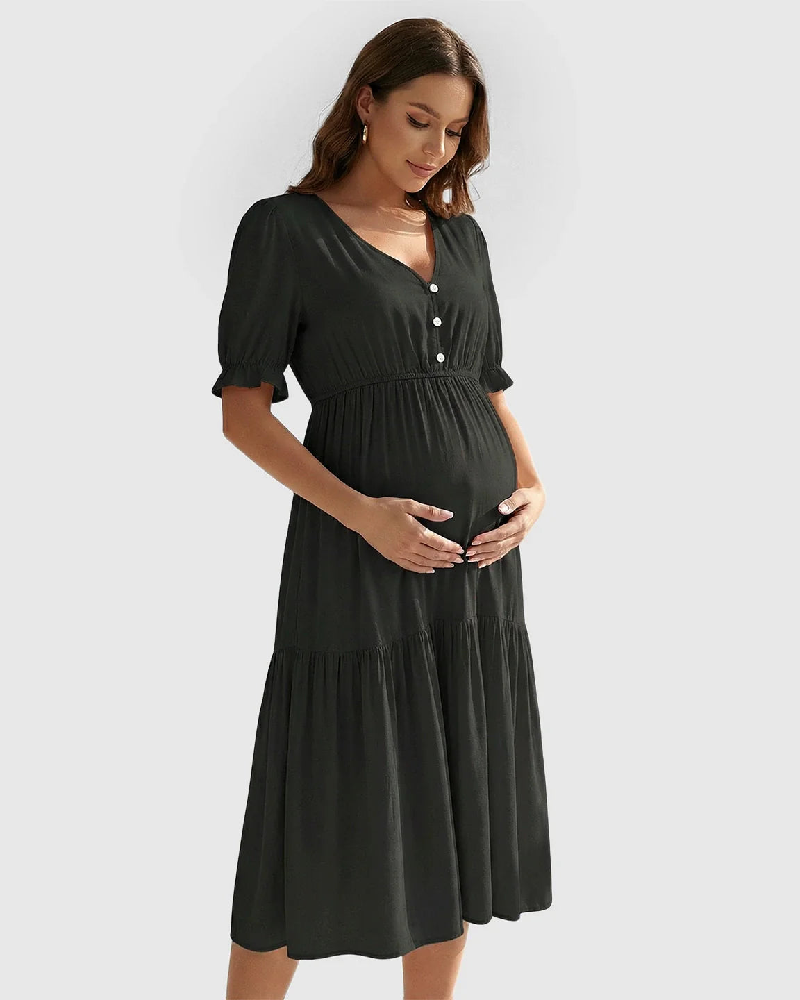 Bump Society – The Comfort Collection: V Neck Puff Sleeve Maternity Midi Dress