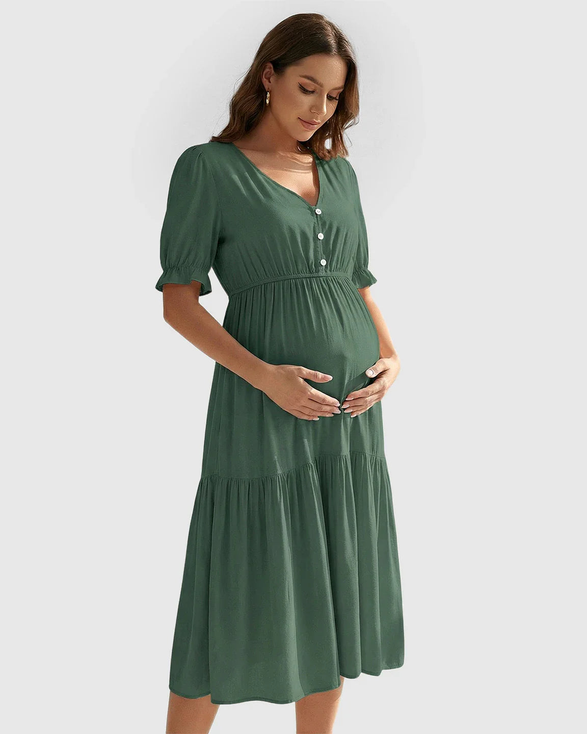 Bump Society – The Comfort Collection: V Neck Puff Sleeve Maternity Midi Dress