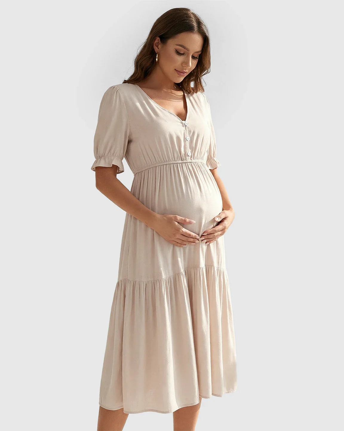 Bump Society – The Comfort Collection: V Neck Puff Sleeve Maternity Midi Dress